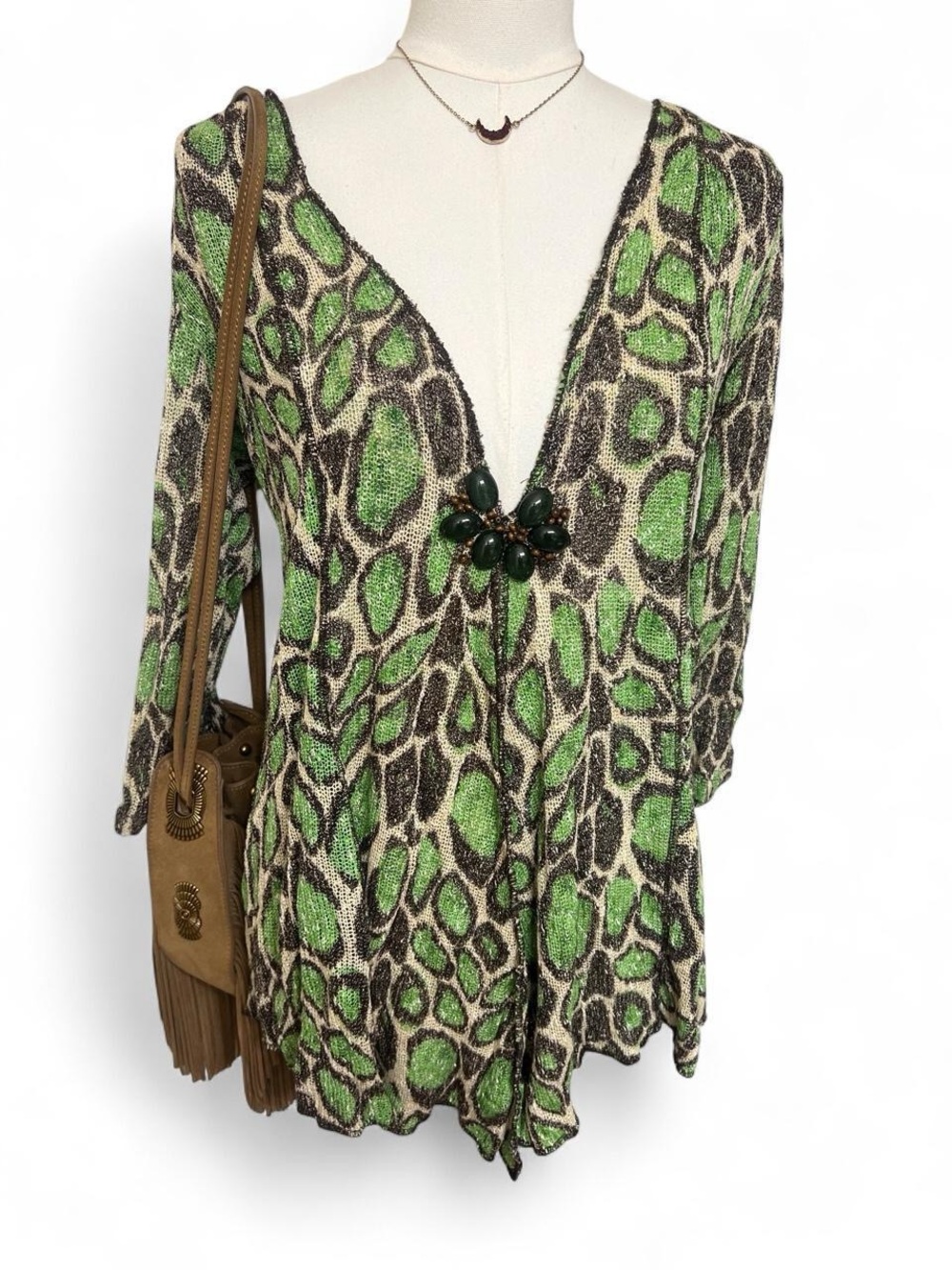 Alberto Makali green leopard print vintage long sleeve sweater knit top stones